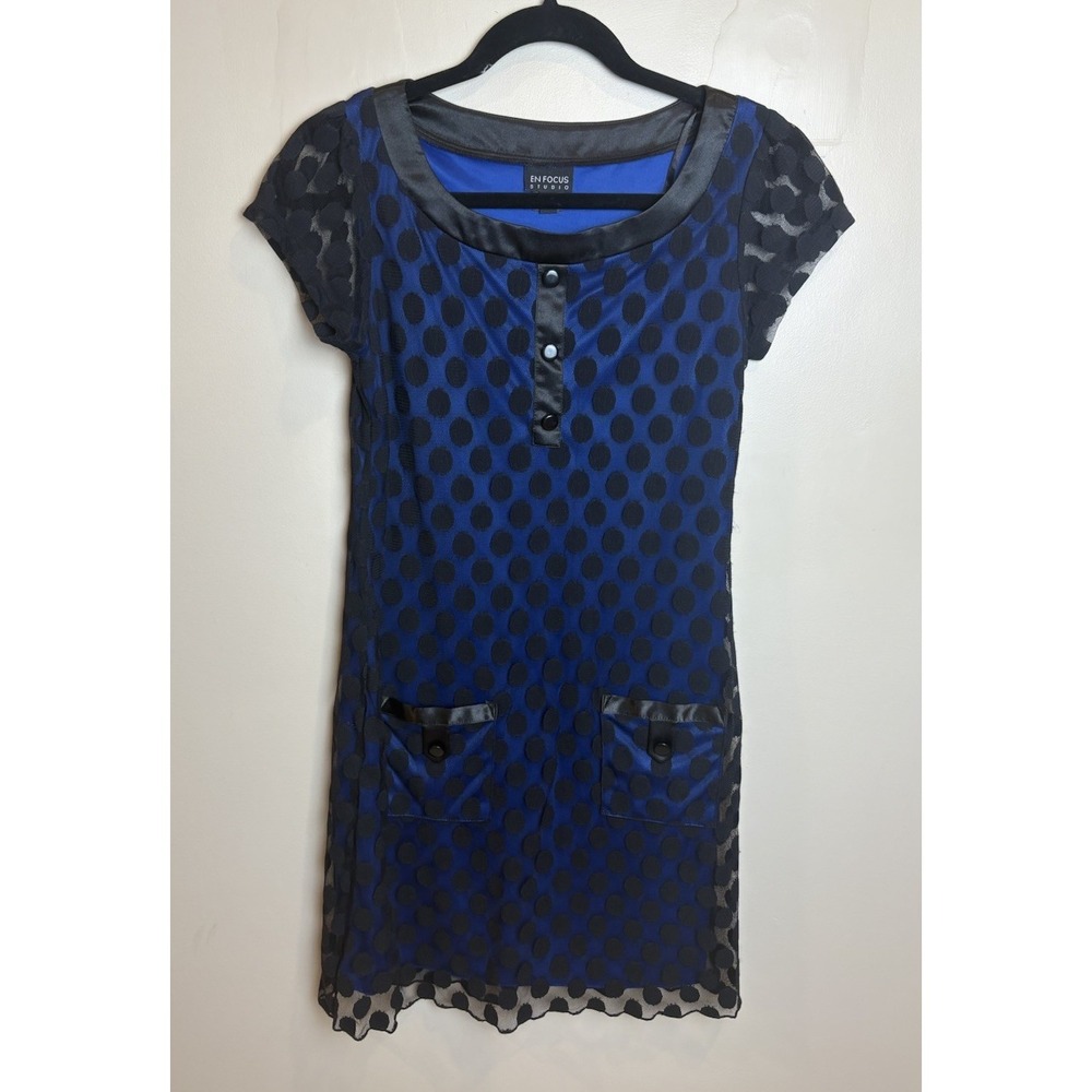 Enfocus Studio Polka Dot Lined Dress Black & Blue Women's Size 4
